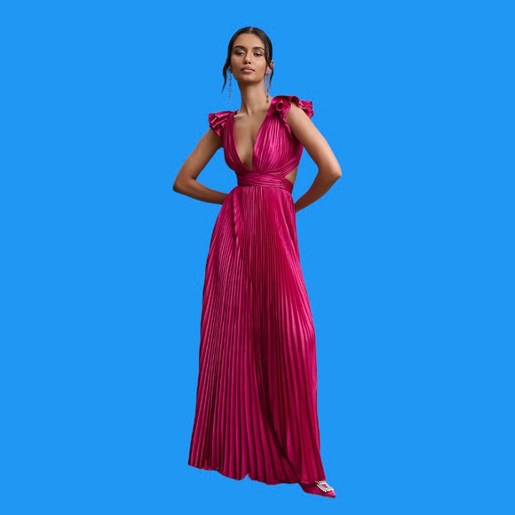 Mac Duggal Dresses & Skirts - Mac Duggal Pleated Flutter-Sleeve Deep-V Lace-Up Gown